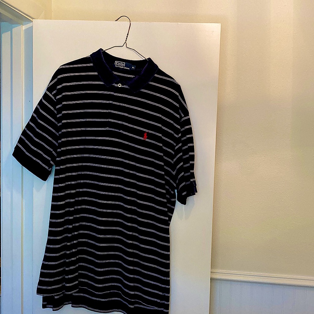 RALPH LAUREN POLO NAVY & WHITE STRIPES W/ RED 🐎!!